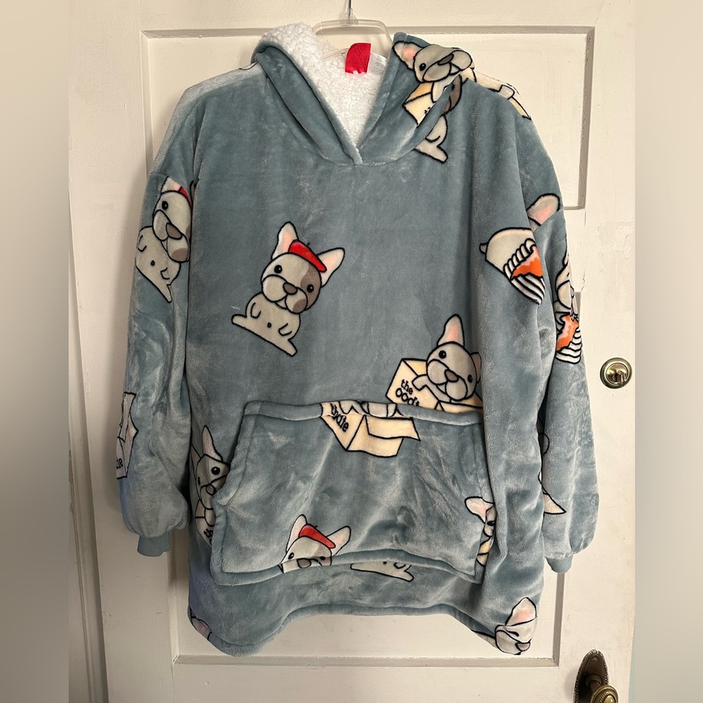 Cozy Blue Kids Hoodie Blanket with Cartoon French Bulldog Print